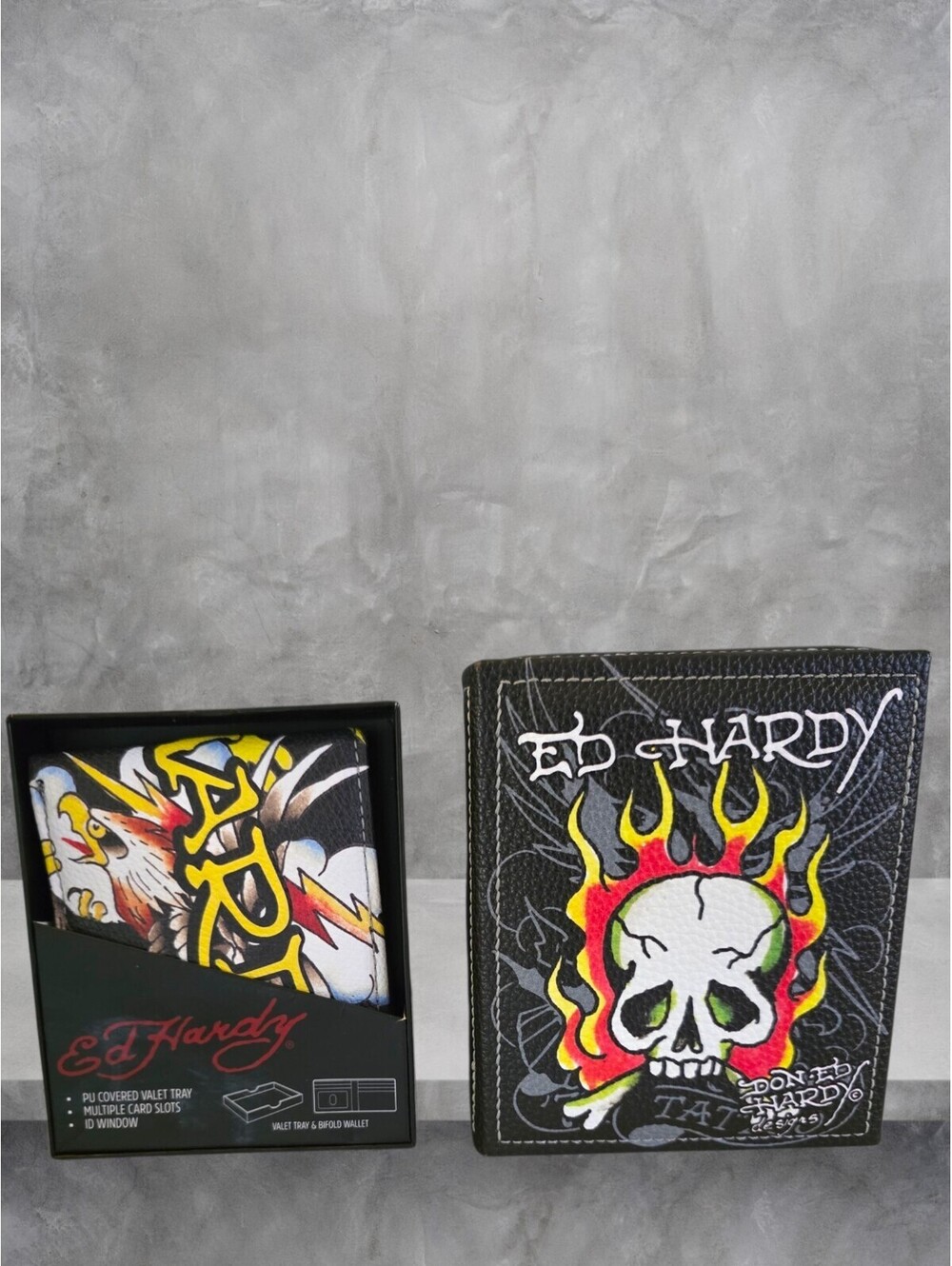 NIB Ed Hardy Skull Eagle Tattoo Bifold Wallet Valet Tray Gift Set Y2K